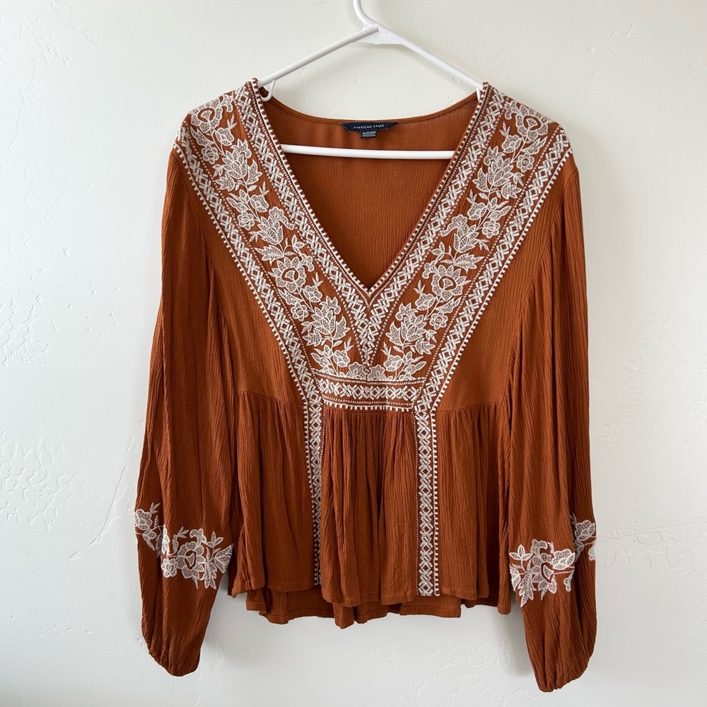 American Eagle Embroidered Brown Blouse